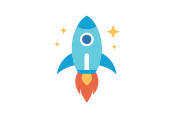 Stylized cartoon rocket ship launching into space with stars