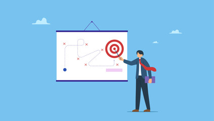 Smart businessman presenting business winning strategy. Business strategy planning, marketing tactic to achieve target, project blocker and solution to win and success.