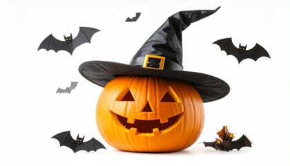 Fototapeta premium Halloween jack-o'-lantern with witch hat and flying bats.