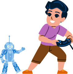 Happy child playing with remote controlled robot toy