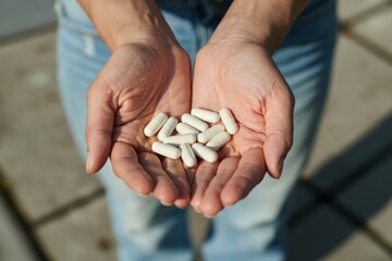 Persons cupped hands holding a pile of white vitamin capsules or pills, closeup outdoor shot