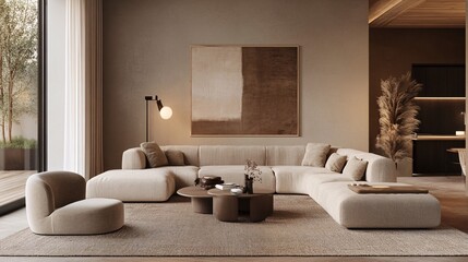 Beige living room with large sofa armchair coffee table and artwork.