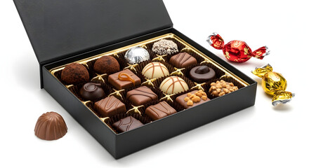 A black box filled with assorted chocolates, including truffles and squares.