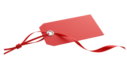 A premium quality red paper tag with white eyelet and elegant red satin ribbon, flat lay on a light grey studio background with soft studio light, concept of premium product identification