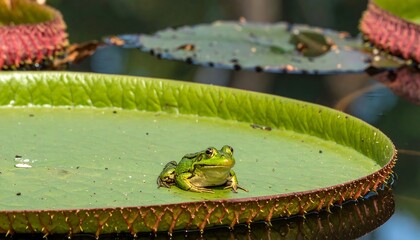 Frog rests on lily pad
