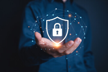 Cyber security protection concept showing hand holding digital padlock shield