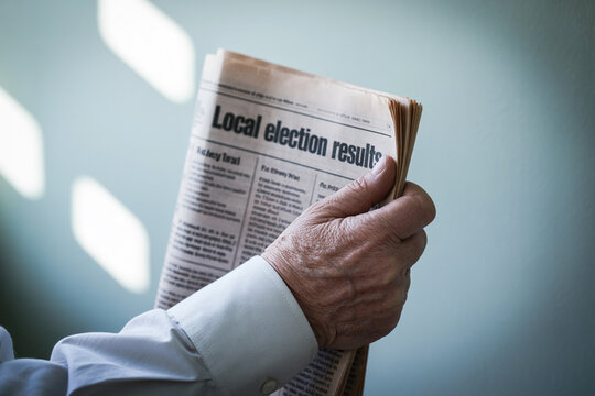 Close up of hands holding newspaper with local election results