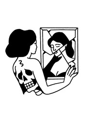 Woman seeing her inner skeleton reflection in a broken mirror, vintage tattoo.