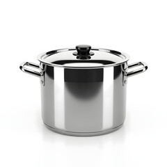 A clean, shiny stainless steel cooking pot with a lid and handles, isolated on a white background.