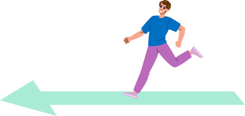 Fototapeta premium Young man running on green arrow representing success and goal achievement