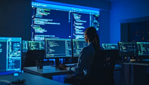 Woman programmer in a dark, high-tech server room