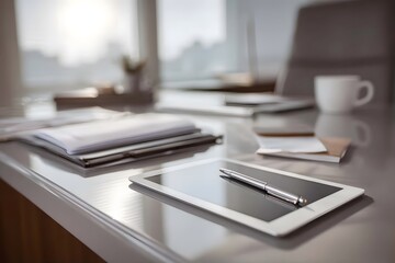 A tablet with a pen lies on a desk, surrounded by papers and a coffee cup.