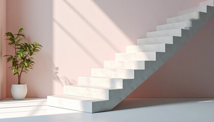 Obraz premium A modern white staircase against a pastel pink wall, with a green potted plant and soft sunlight casting shadows.