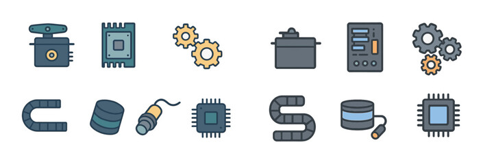 Electronic and Mechanical Parts Icons Set, Minimalist flat design