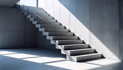Obraz premium Sunlight illuminates a modern concrete staircase in a minimalist interior, casting strong diagonal shadows on the wall and floor.