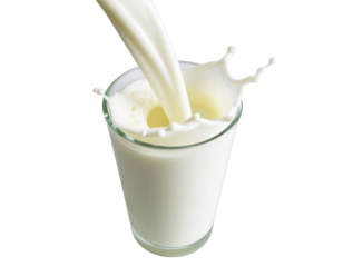 Top view of milk stream hitting glass with splashing droplets on pastel backdrop PNG