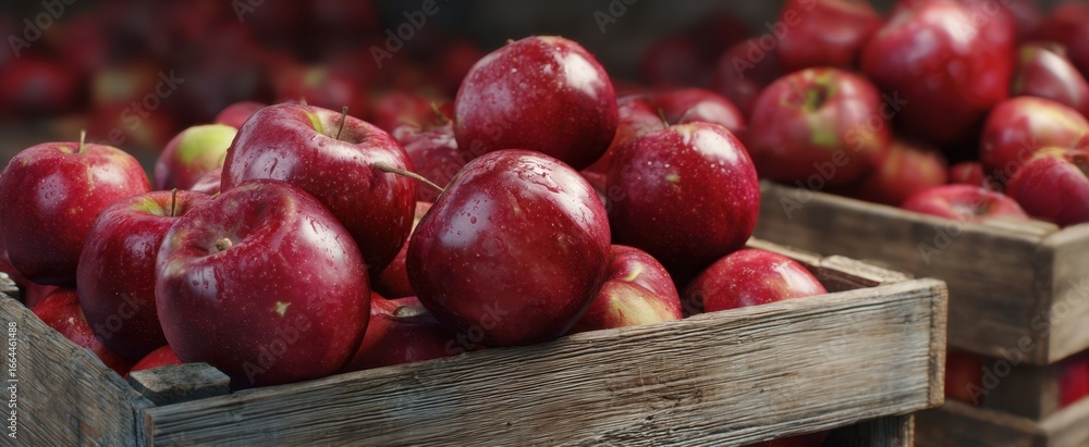 Poster the red apples in rustic wooden crates at a farm market display