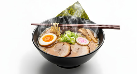Bowl of delicious ramen with pork and egg isolated on white background