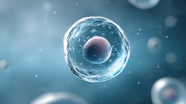 single biological cell floating in fluid, with visible nucleus and membrane, under high magnification, science 3d render