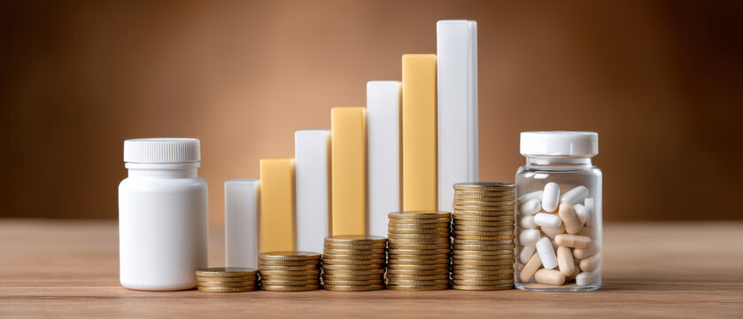 Drug tax concept with pill bottles and stacked coins showing increasing cost and financial impact on healthcare