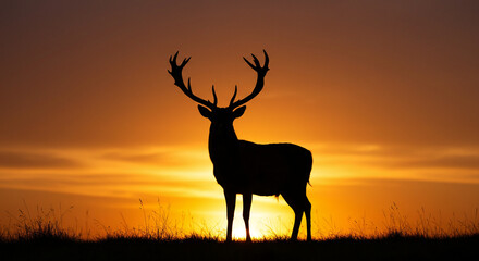 Majestic stag silhouetted against a vibrant sunset, showcasing its impressive antlers and powerful stance.