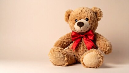 Obraz premium Teddy bear with red bow tie on soft neutral background.