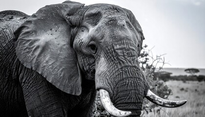 Monochromatic Close-up of an Elephant in Savanna