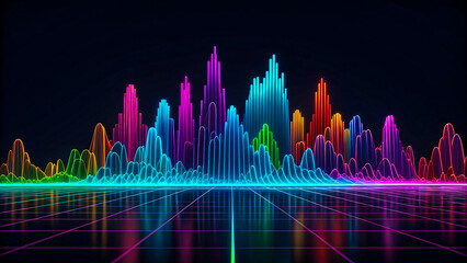 Dynamic colorful sound wave visualizes data flow and technology innovation on dark backdrop
