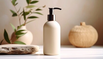 Beige pump bottle and ceramic vase with dried branches in warm minimalist setting.