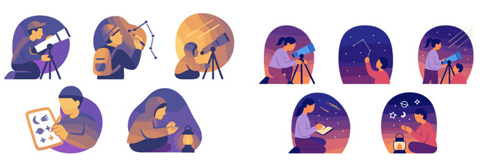 People observing night sky with telescopes and drawing constellations