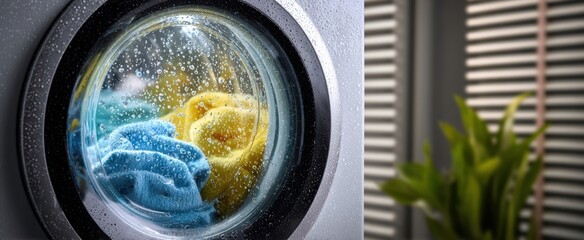 The washing machine door revealing colorful towels tumbling in a soapy wash cycle