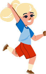 Happy child running and raising hand, childhood happiness and joy