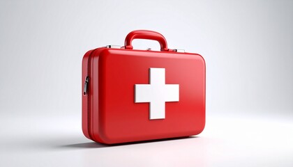 Obraz premium Red first aid kit with white cross symbol on hard shell case.