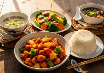 Table set with various traditional Chinese dishes including sweet and sour pork, and stir-fried vegetables