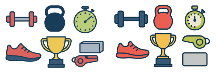 Obraz premium Fitness and Sports Equipment Icons, Minimalist flat design