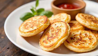Delicious pancakes served with ketchup and fresh herbs on plate  