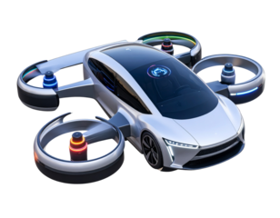  Electric Flying Car in Motion with Futuristic HUD Effects, isolated on transparent background PNG
