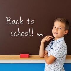 Happy boy by blackboard with back to school message isolated on white background