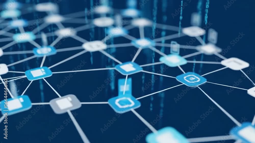 Poster abstract digital network of interconnected nodes and data flow, representing technology and global c