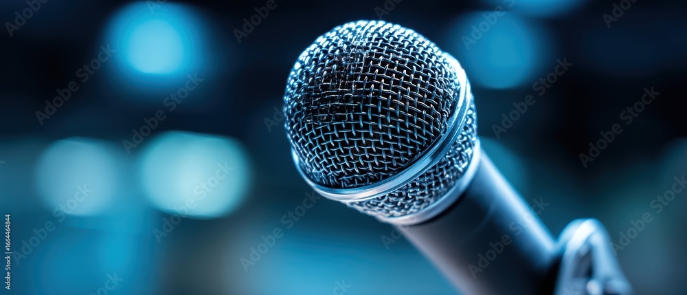 Poster the microphone centered in focus with blurred stage lights and bokeh
