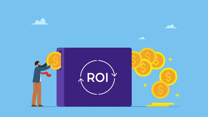 Businessman invest money coin in ROI box to get return profit. ROI, return on investment performance measure from cost invested and profit efficiency, marketing cost to get campaign success.