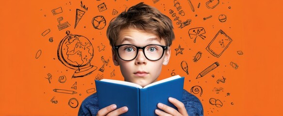 The Boy Holding a Book Surrounded by Educational Doodles and Bright Orange Background