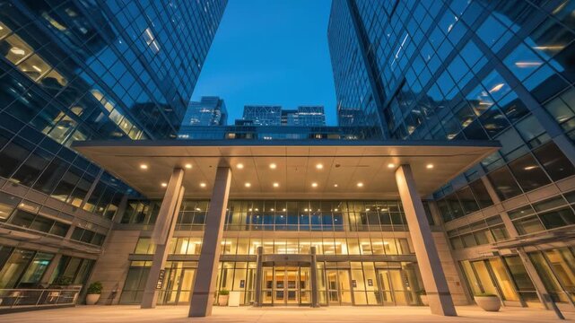 A low-angle perspective captures a modern building entrance at dusk. Towering glass structures frame a lighted portico and revolving doors, illuminated by warm interior lights