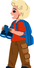 Young explorer observing nature with binoculars and backpack
