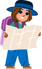 Smiling girl tourist reading map and exploring new city