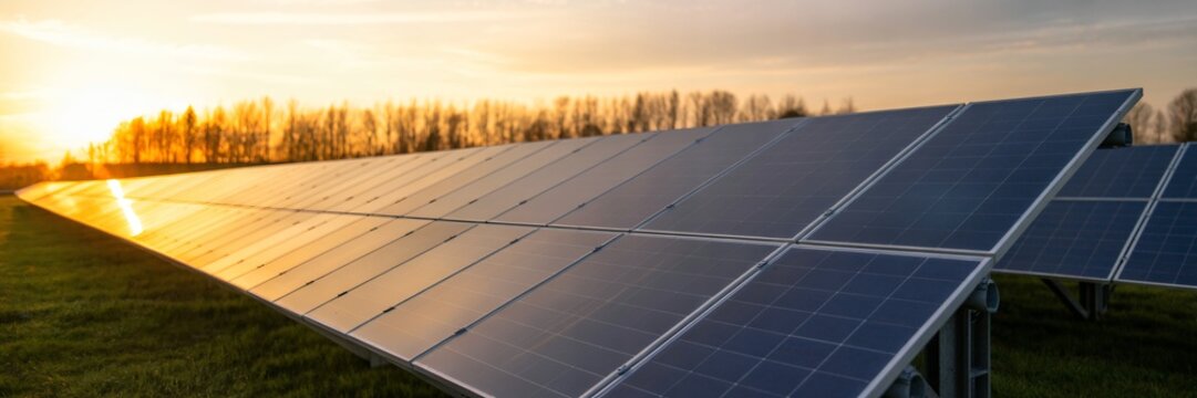 Rows of solar panels stretch across a field, soaking up the warm rays of the setting sun. The golden light illuminates the panels, emphasizing their role in harnessing renewable energy. This scene bea