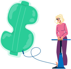 Businesswoman inflating dollar sign balloon with pump