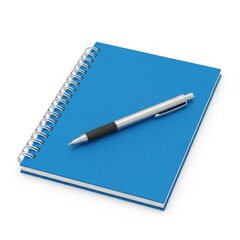 Blue spiral notebook with silver pen isolated on white background