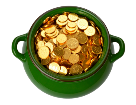 Green Ceramic Pot Overflowing with Golden Coins, isolated on transparent backgroun PNG
