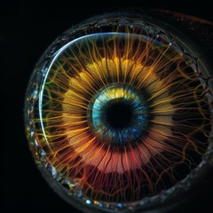 Macro shot of an intricate, detailed eyeball with vibrant orange, yellow, and blue colors and radiating patterns